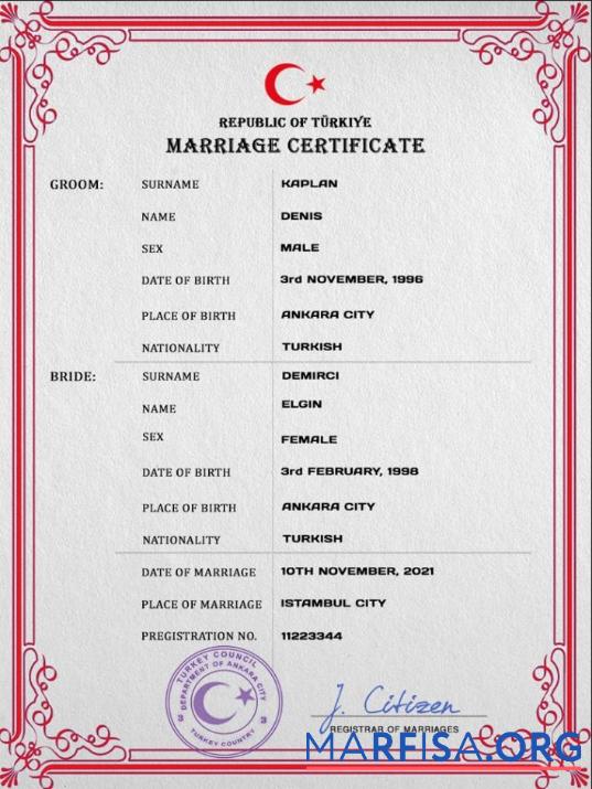 Realistic Turkey marriage certificate PSD template